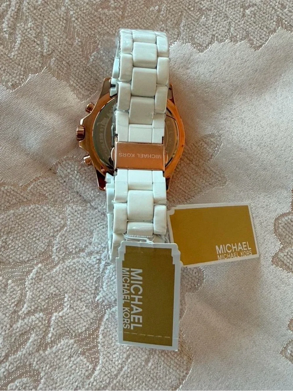 Michael Kors White and Rose Gold Crystal-Accent Chronograph Watch